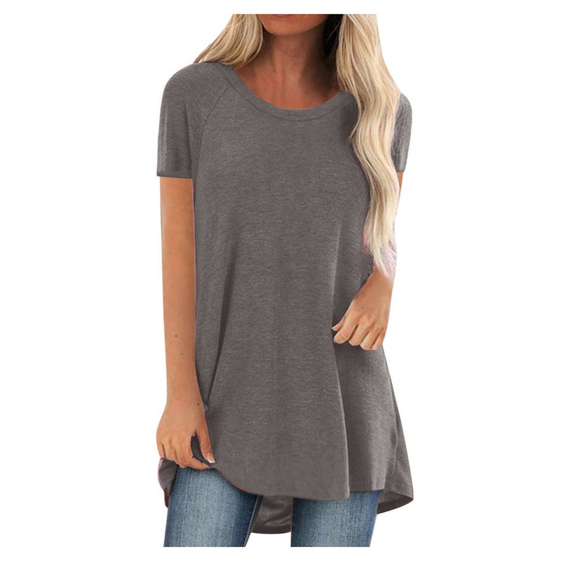 OA-1 Europe and America 2021 Ladies Solid Color T-Shirt AliExpress Round Neck Loose Short Sleeve Pullover Top Women Dark gray XXXXL - Image 1