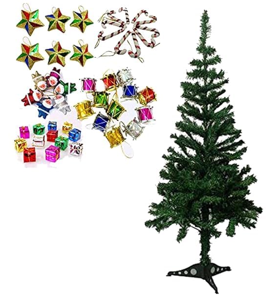 Evisha 4 feet Long Artificial XMass Christmas Tree and 12 Drum 12 Gift 12 Candy 6 Santa 4 Stars Total 44 pcs Hangings Ornaments Xmas Tree for Christmas Dcor Living Room Indoor Outdoor