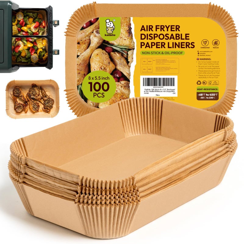 Katbite Air Fryer Liners Disposable  100PCS 8x55 Rectangle Liners for Air Fryer Basket Thick Air Fryer Parchment Paper Liners for Ninja Dual Airfryer Accessories DZ201 DZ401 FG551