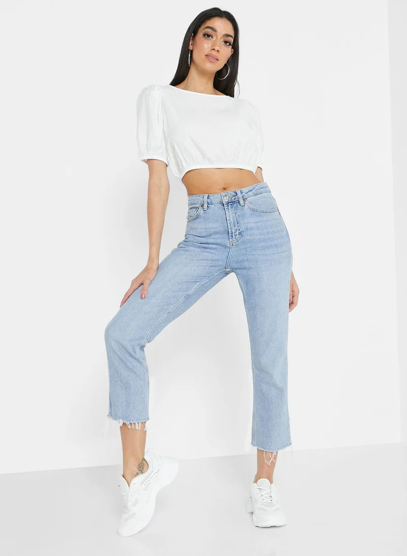 GLAMOROUS Puff Sleeve Crew Neck Crop Top