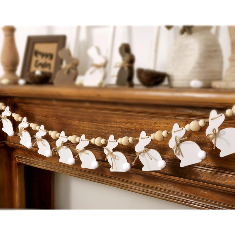 Bunny Chorus Easter Decorations Garlands, Cute Bunny Easter Garland with Wooden Beads, Rustic Banner for Mantel, Fireplace, Wall, Home, Farmhouse, Office, School Indoor Spring Decor Supplies - Image 1