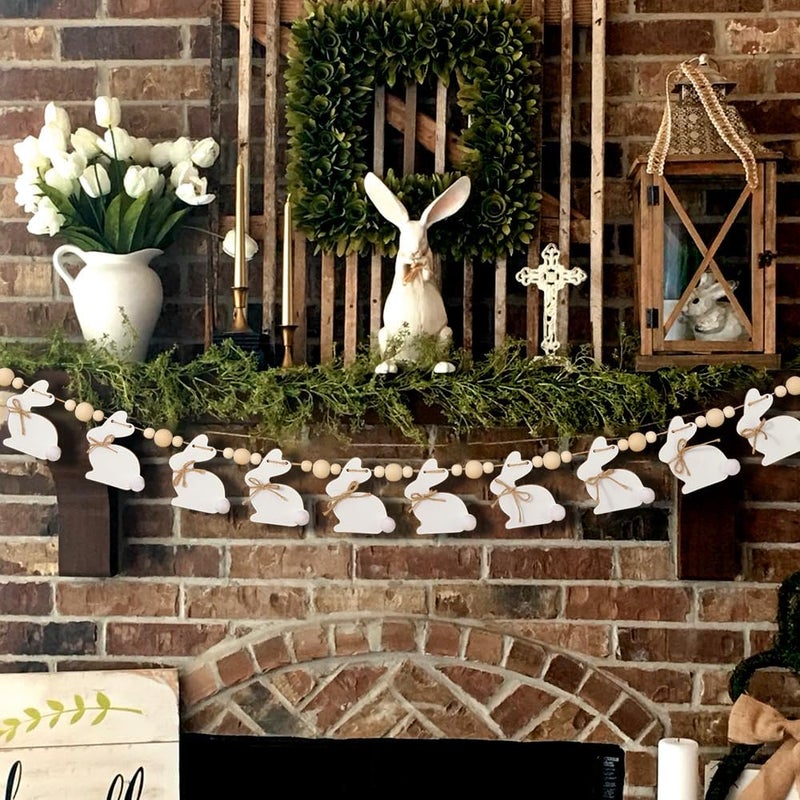Bunny Chorus Easter Decorations Garlands, Cute Bunny Easter Garland with Wooden Beads, Rustic Banner for Mantel, Fireplace, Wall, Home, Farmhouse, Office, School Indoor Spring Decor Supplies - Image 4