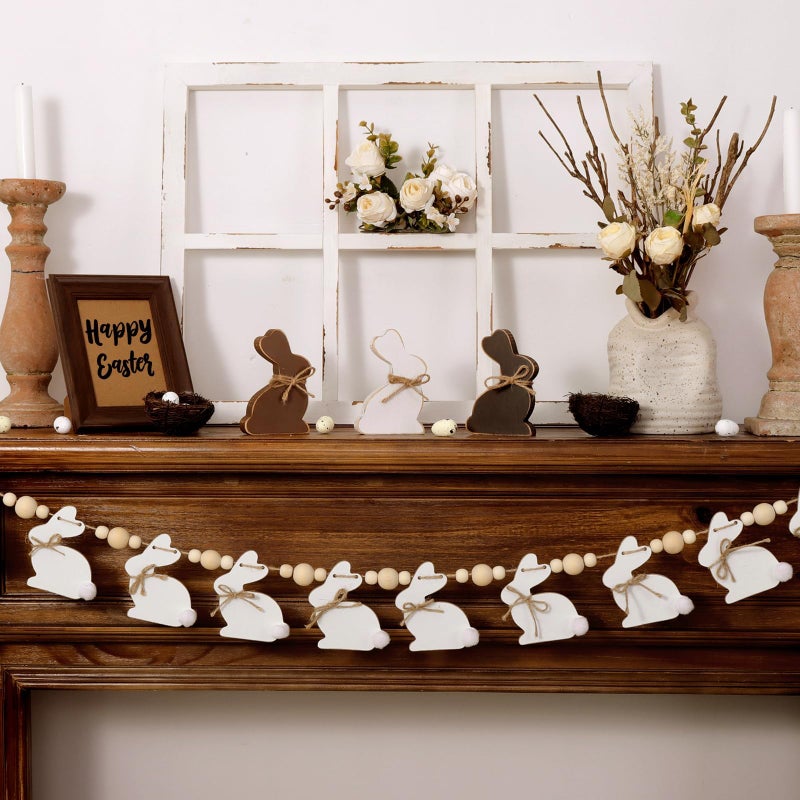 Bunny Chorus Easter Decorations Garlands, Cute Bunny Easter Garland with Wooden Beads, Rustic Banner for Mantel, Fireplace, Wall, Home, Farmhouse, Office, School Indoor Spring Decor Supplies - Image 5