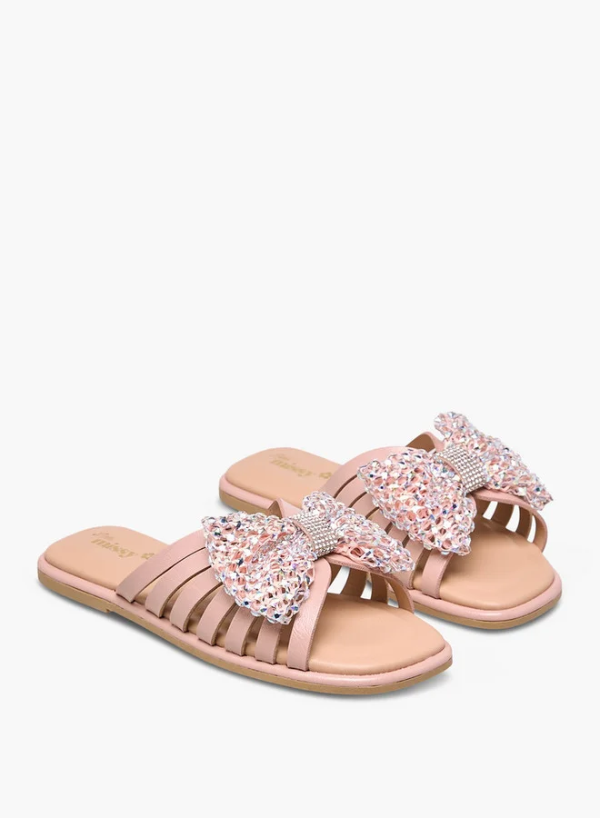 Little Missy Girls Embellished Bow Accent Slip-On Flat Sandals
