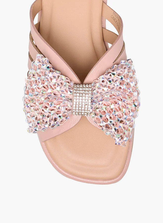 Little Missy Girls Embellished Bow Accent Slip-On Flat Sandals