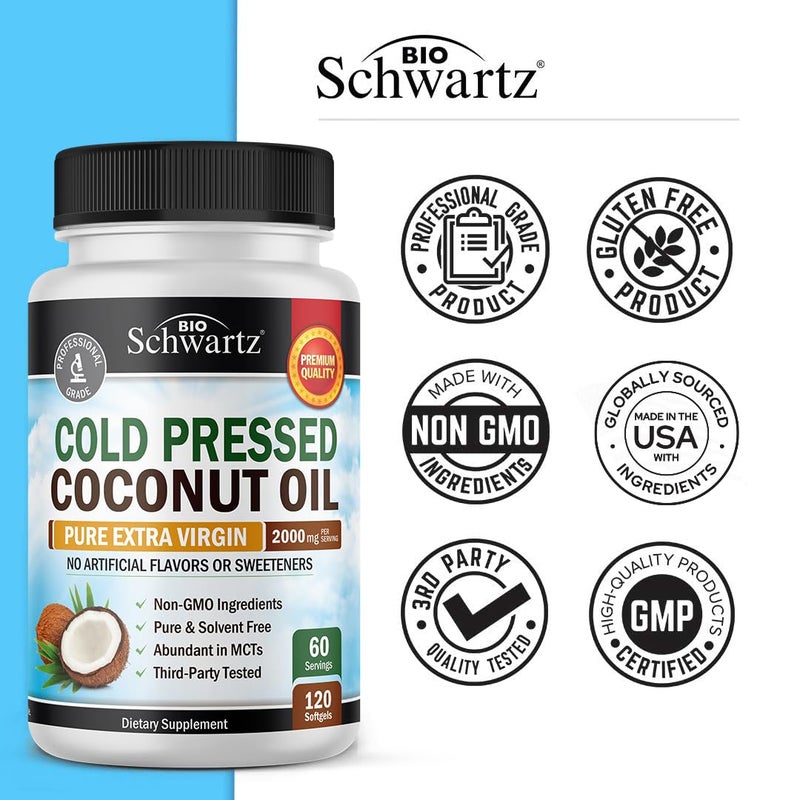 BioSchwartz Coconut Oil Capsules 2000mg - Organic Pure Extra Virgin Unrefined Cold Pressed MCT Rich & Non-GMO for Healthy Skin Nails Hair Growth Support Bloating Anti Aging Digestion - 120ct (2 Month Supply) - Image 5