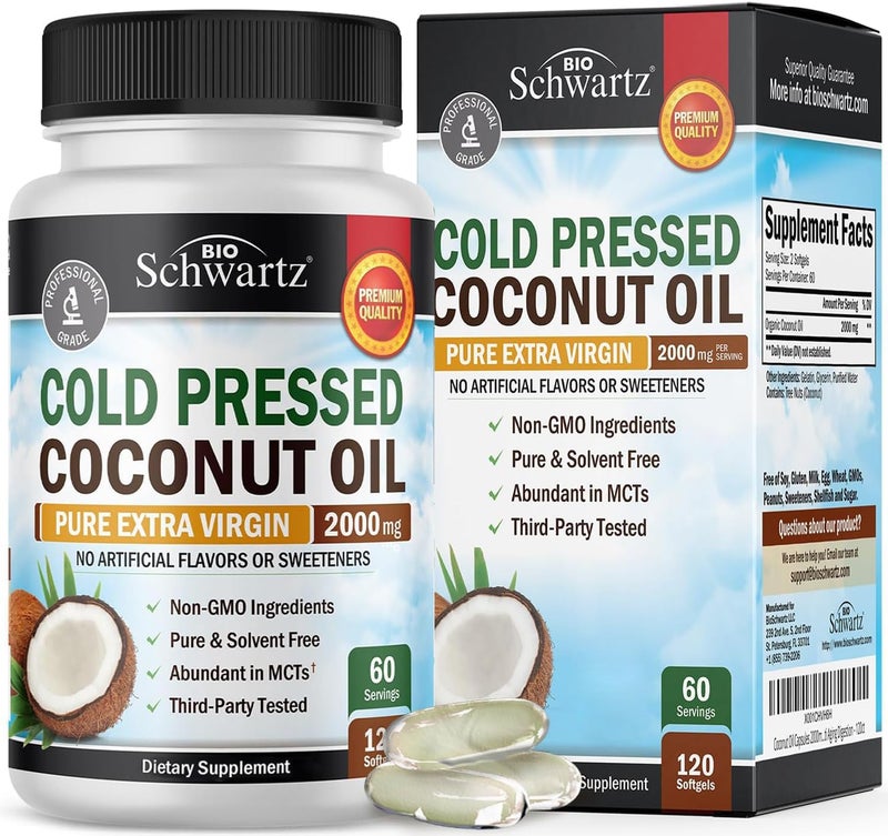 BioSchwartz Coconut Oil Capsules 2000mg - Organic Pure Extra Virgin Unrefined Cold Pressed MCT Rich & Non-GMO for Healthy Skin Nails Hair Growth Support Bloating Anti Aging Digestion - 120ct (2 Month Supply) - Image 1