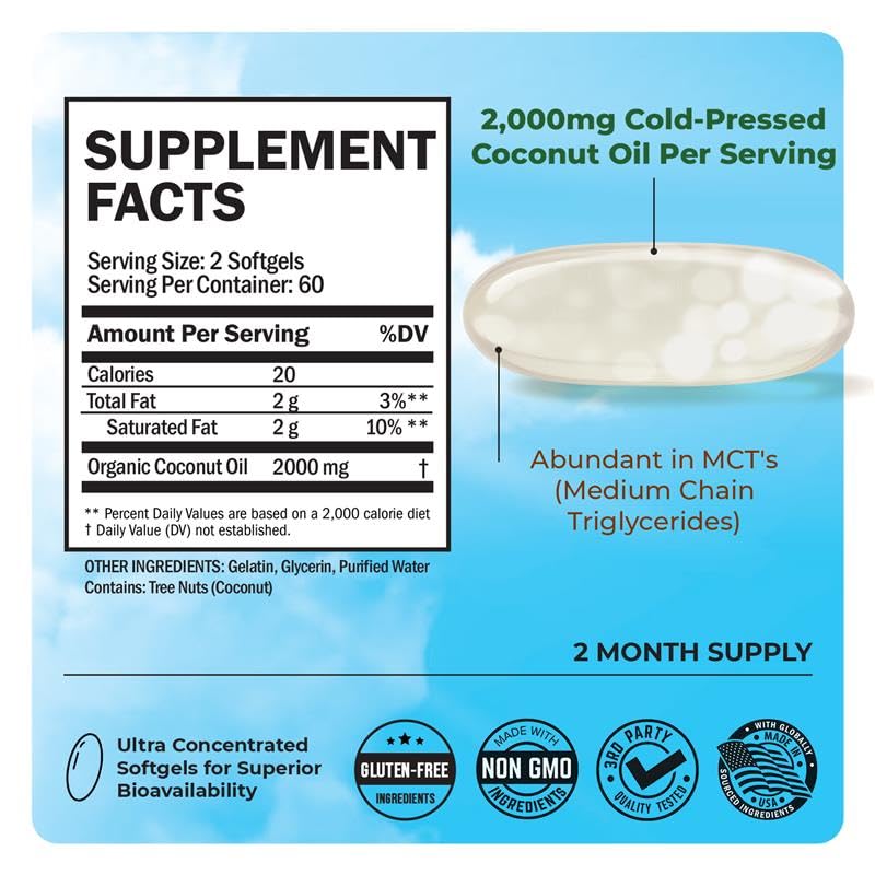 BioSchwartz Coconut Oil Capsules 2000mg - Organic Pure Extra Virgin Unrefined Cold Pressed MCT Rich & Non-GMO for Healthy Skin Nails Hair Growth Support Bloating Anti Aging Digestion - 120ct (2 Month Supply) - Image 4