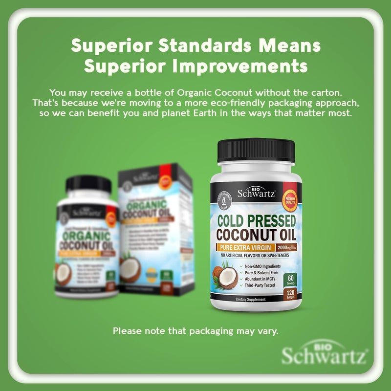 BioSchwartz Coconut Oil Capsules 2000mg - Organic Pure Extra Virgin Unrefined Cold Pressed MCT Rich & Non-GMO for Healthy Skin Nails Hair Growth Support Bloating Anti Aging Digestion - 120ct (2 Month Supply) - Image 2