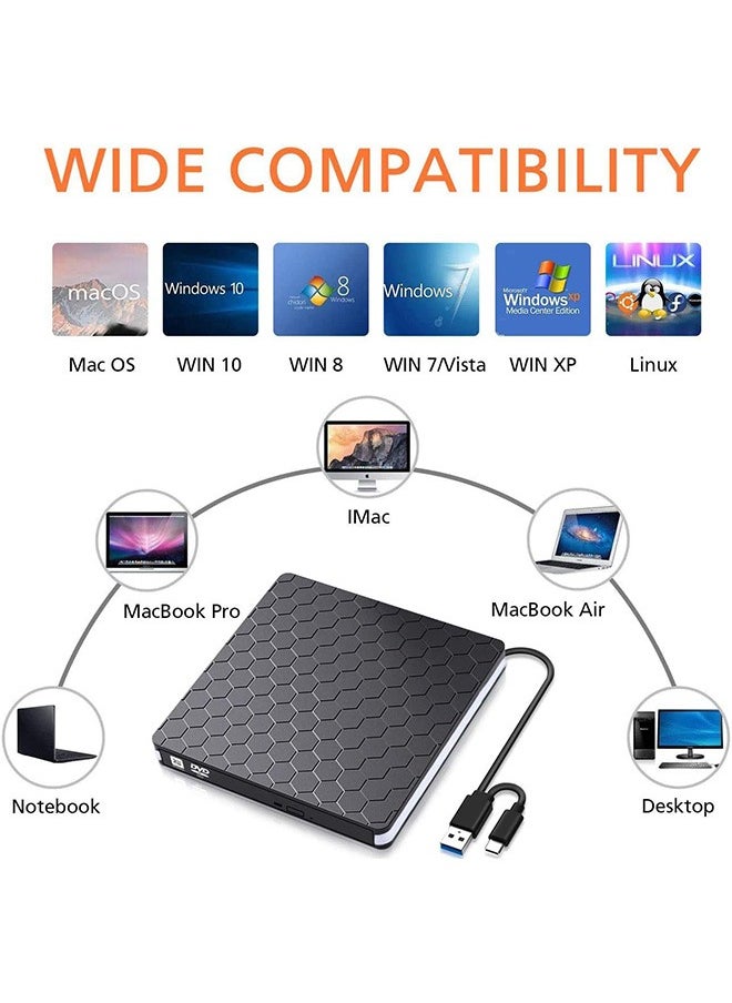 Garlo - External DVD Drive, USB 3.0 Type-C CD DVD +/-RW Optical Drive USB C Burner Slim CD/DVD ROM Rewriter Writer Reader Portable for PC Laptop Desktop MacBook Mac Windows 7/8.1/10 Linux OS Apple - Image 1