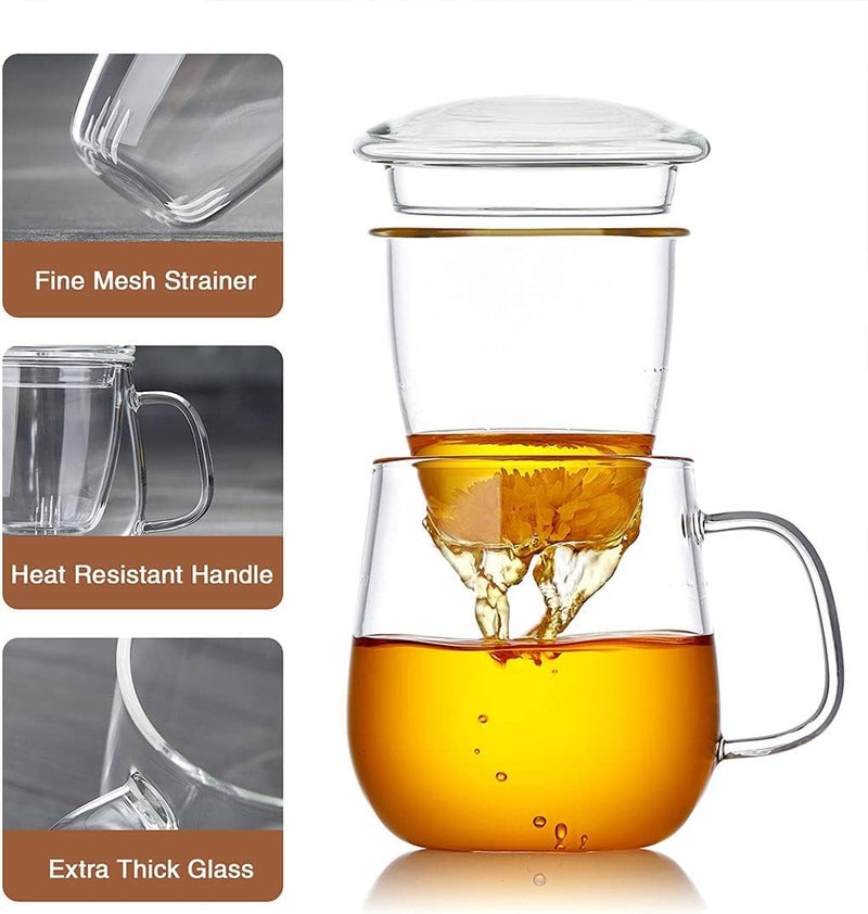 DOPUDO Glass Teacups 2 Pack Glass Tea Cup with Infuser and Lid, 17.6oz/520ml Large Borosilicate Teacup,Tea Clear Mug Cup for Loose Leaf Blooming Tea, Microwave & Dishwasher Safe. - Image 4