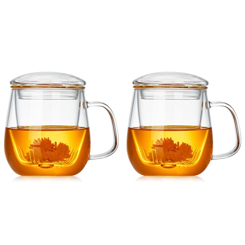 DOPUDO Glass Teacups 2 Pack Glass Tea Cup with Infuser and Lid, 17.6oz/520ml Large Borosilicate Teacup,Tea Clear Mug Cup for Loose Leaf Blooming Tea, Microwave & Dishwasher Safe. - Image 1