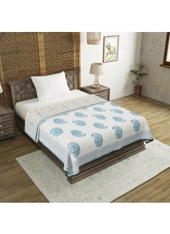 BLOCKS OF INDIA BLOCKS OF INDIA Hand Block Printed Cotton Single Size Reversible Malmal Dohar for Summer Blue Jaal  - Image 1