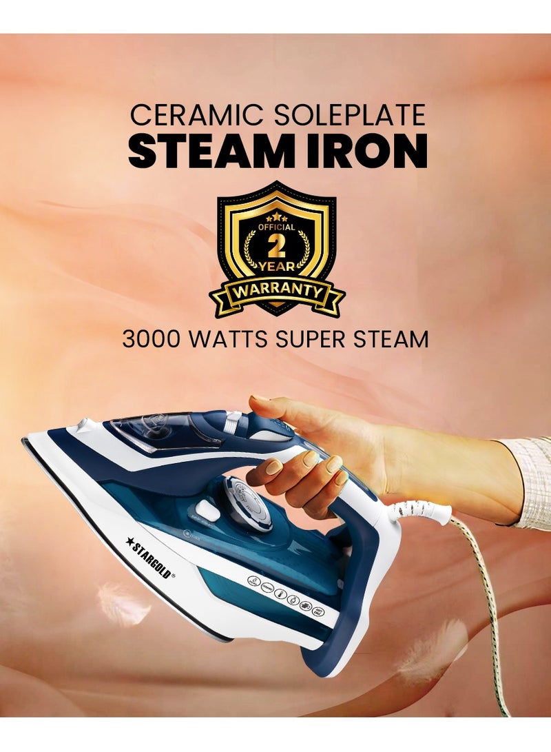 Steam Iron 3000W Ceramic Soleplate With Self-Clean Function 450ML Water Tank Adjustable Temperature Control Blue
