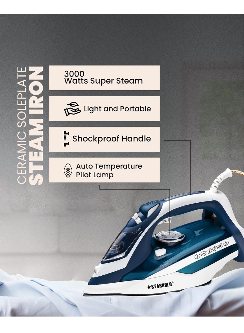 Steam Iron 3000W Ceramic Soleplate With Self-Clean Function 450ML Water Tank Adjustable Temperature Control Blue