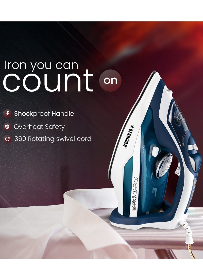 Steam Iron 3000W Ceramic Soleplate With Self-Clean Function 450ML Water Tank Adjustable Temperature Control Blue