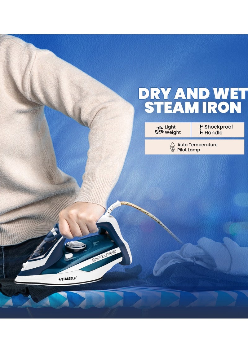 Steam Iron 3000W Ceramic Soleplate With Self-Clean Function 450ML Water Tank Adjustable Temperature Control Blue