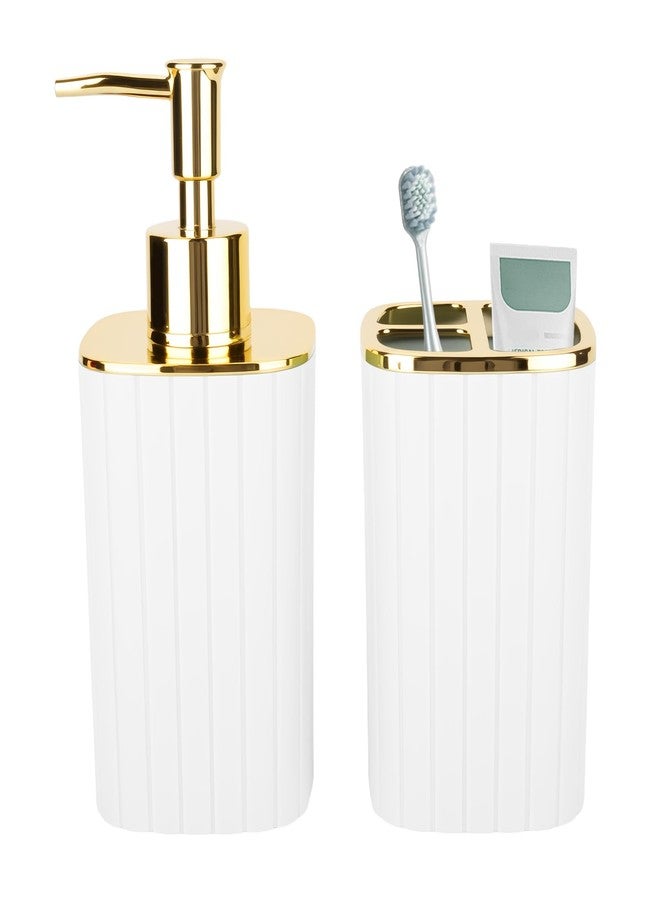 RRM 2PCS Bathroom Accessories Set, White and Gold Bathroom Accessories Include Soap Dispenser and Toothbrush Holder for Boho Bathroom Decor - Image 1