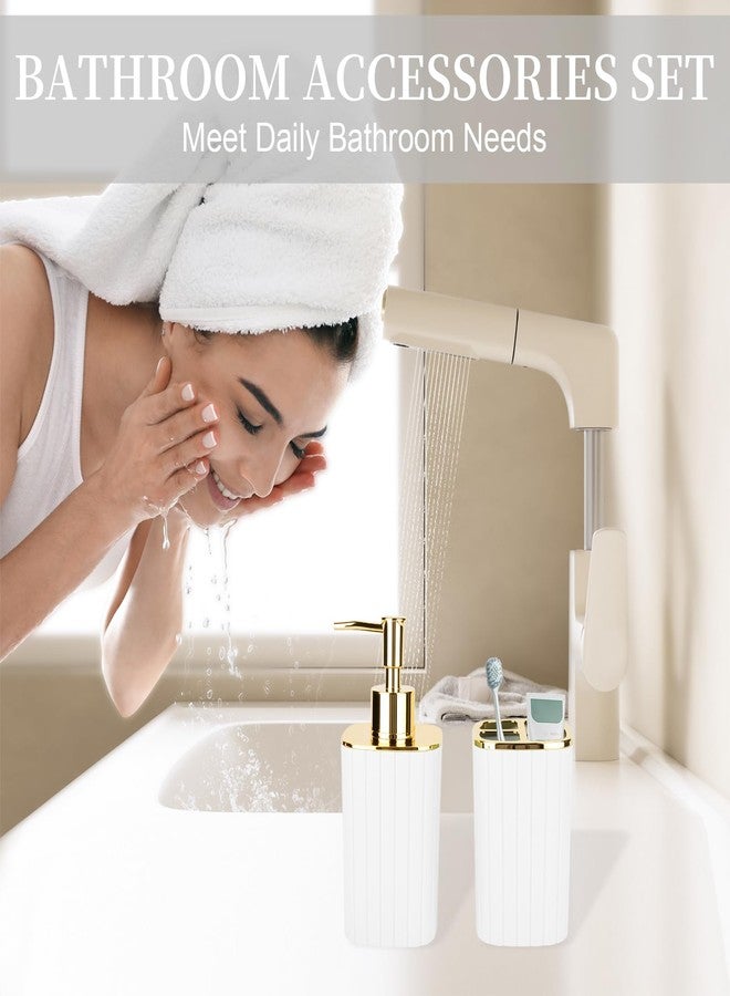 RRM 2PCS Bathroom Accessories Set, White and Gold Bathroom Accessories Include Soap Dispenser and Toothbrush Holder for Boho Bathroom Decor - Image 2