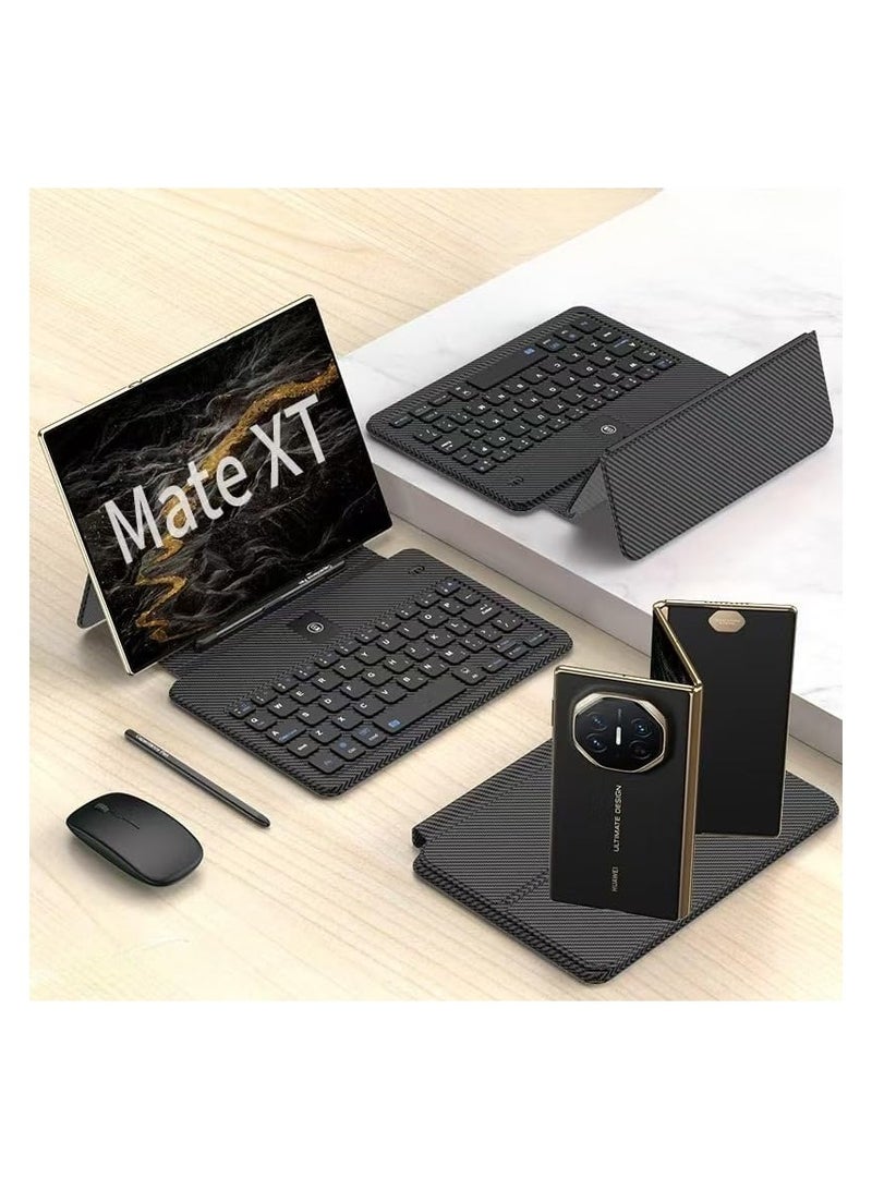 طقم مكتب متنقل متوافق مع Huawei Mate XT Ultimate - يشمل لوحة مفاتيح بلوتوث وحافظة متكاملة للوحة المفاتيح وفأرة لاسلكية وقلم حساس مع فتحة للقلم
