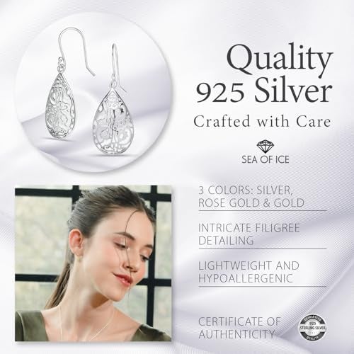 SEA OF ICE Teardrop Earrings for Women - Sterling Silver Dangle Filigree - Hook Earrings - Trendy Fashion Jewelry - Image 5