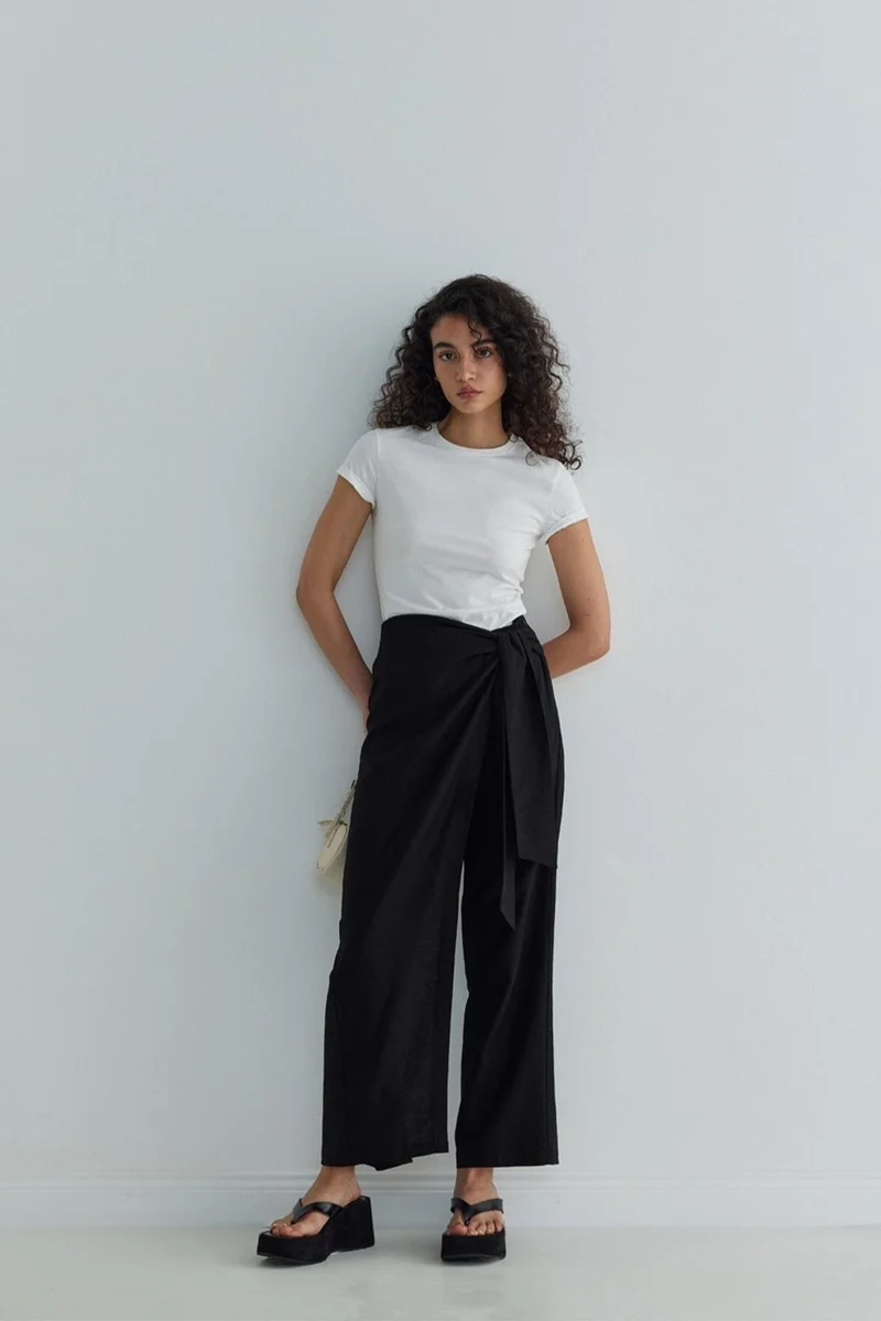 سود كوليكشن Saud Collection Black Alia Linen Wrap Trousers