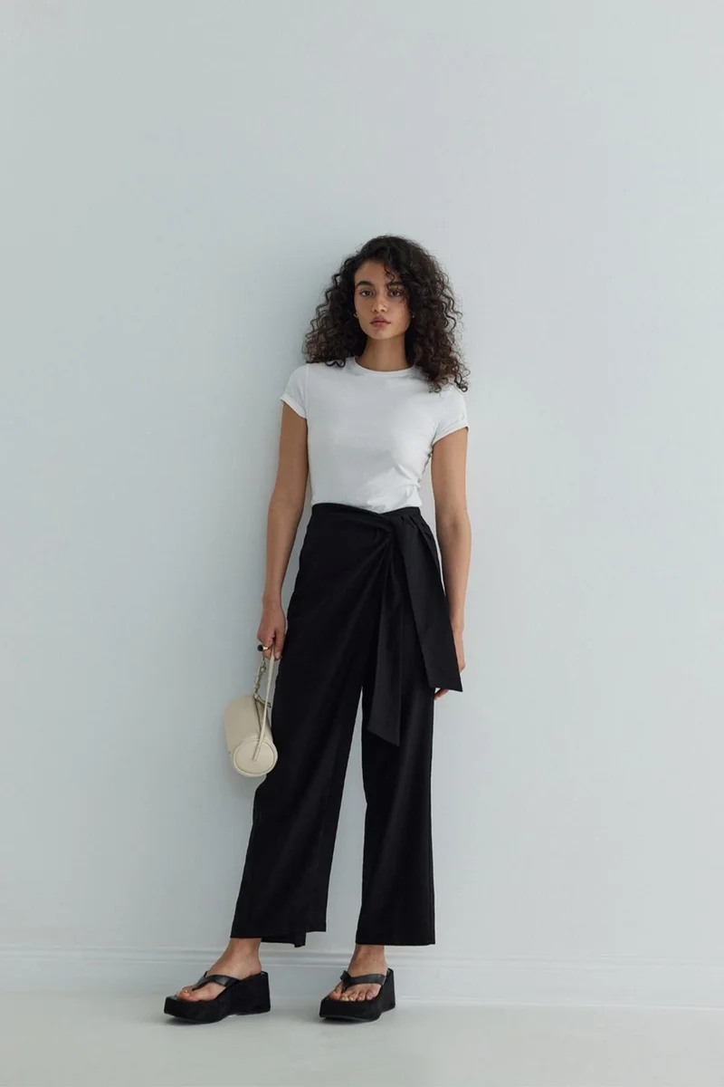 سود كوليكشن Saud Collection Black Alia Linen Wrap Trousers