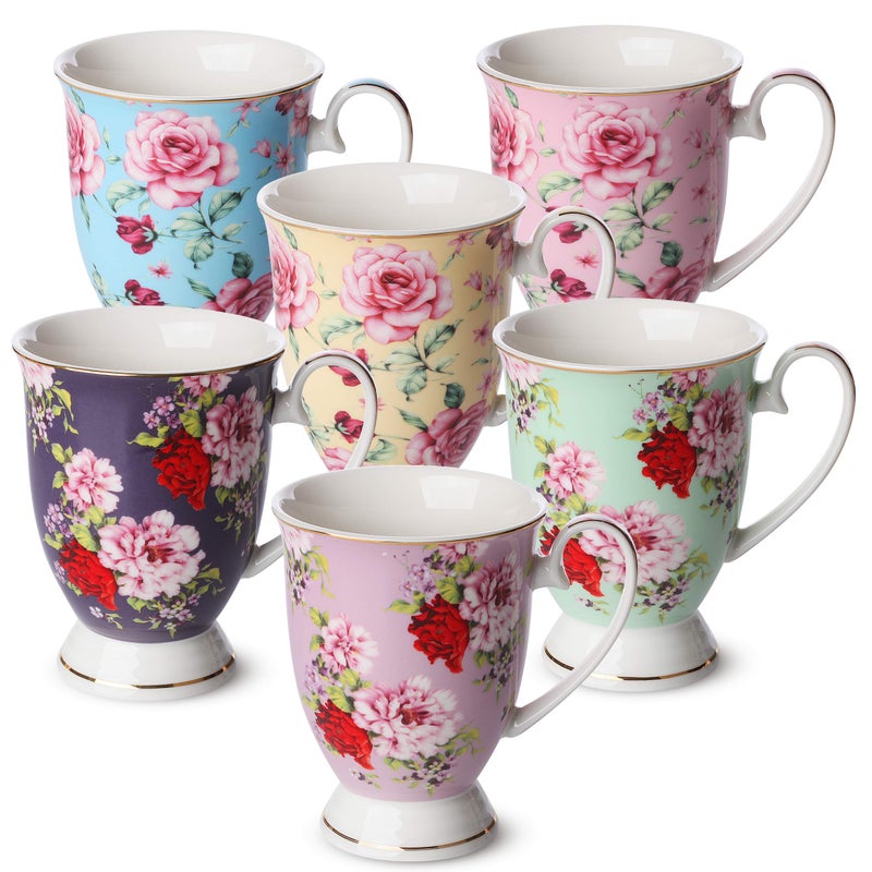 BTaT Large Coffee Mugs 12 oz Set of 6 Floral Mugs Porcelain Bone China Tea Mug Coffee Cups Set