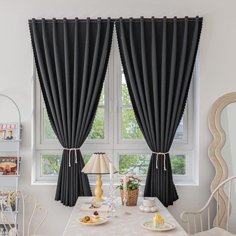 Jilron Magic Tape Stick on Curtains Blackout Curtains for Bedroom no Drillng Self Adhesive Curtain no Rod Small Window (Black, 35" W x 40" L) 2 Panels - Image 1