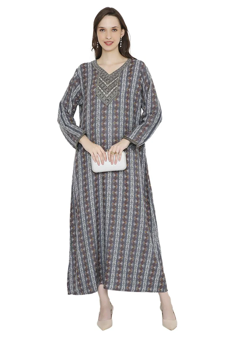 HANA & SARA CREATIVE PRINTED WITH STONE WORK EMBROIDERY CASUAL ARABIC KAFTAN JALABIYA FARASHA DRESS