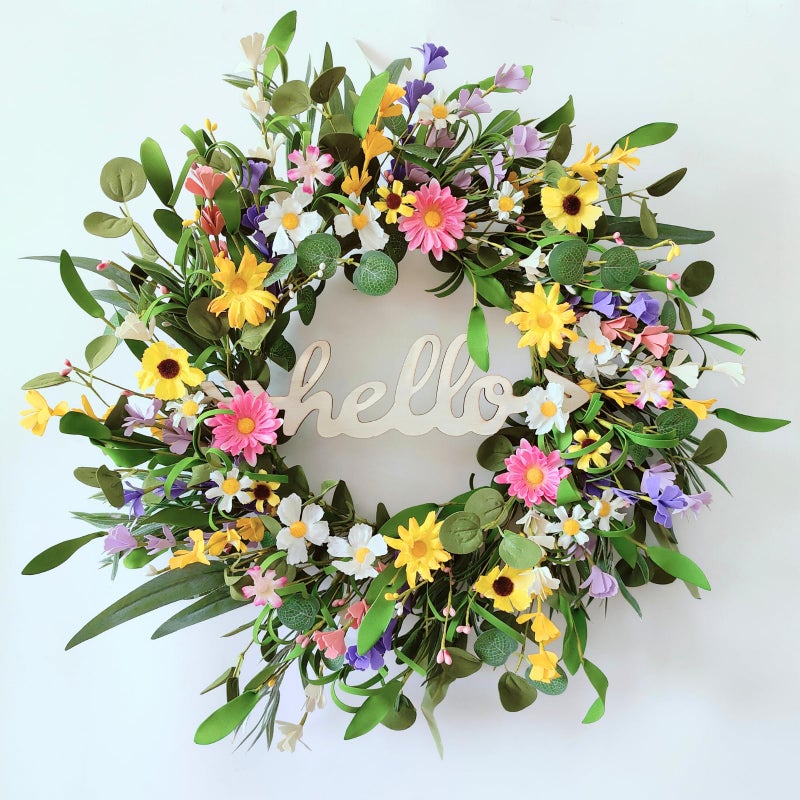 TOKCARE Spring Wreaths for Front Door 22 Inch Eucalyptus Wreath with Hello Sign Colorful Little Daisies and Winter Jasmine Spring Summer Decoration HomeWindowFarmhouseIndoor and Outdoor