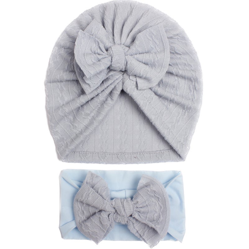 Generic European and American Summer New Baby Jacquard Hat Headband Set Bow Headband Combination Girls Cute Hat Blue