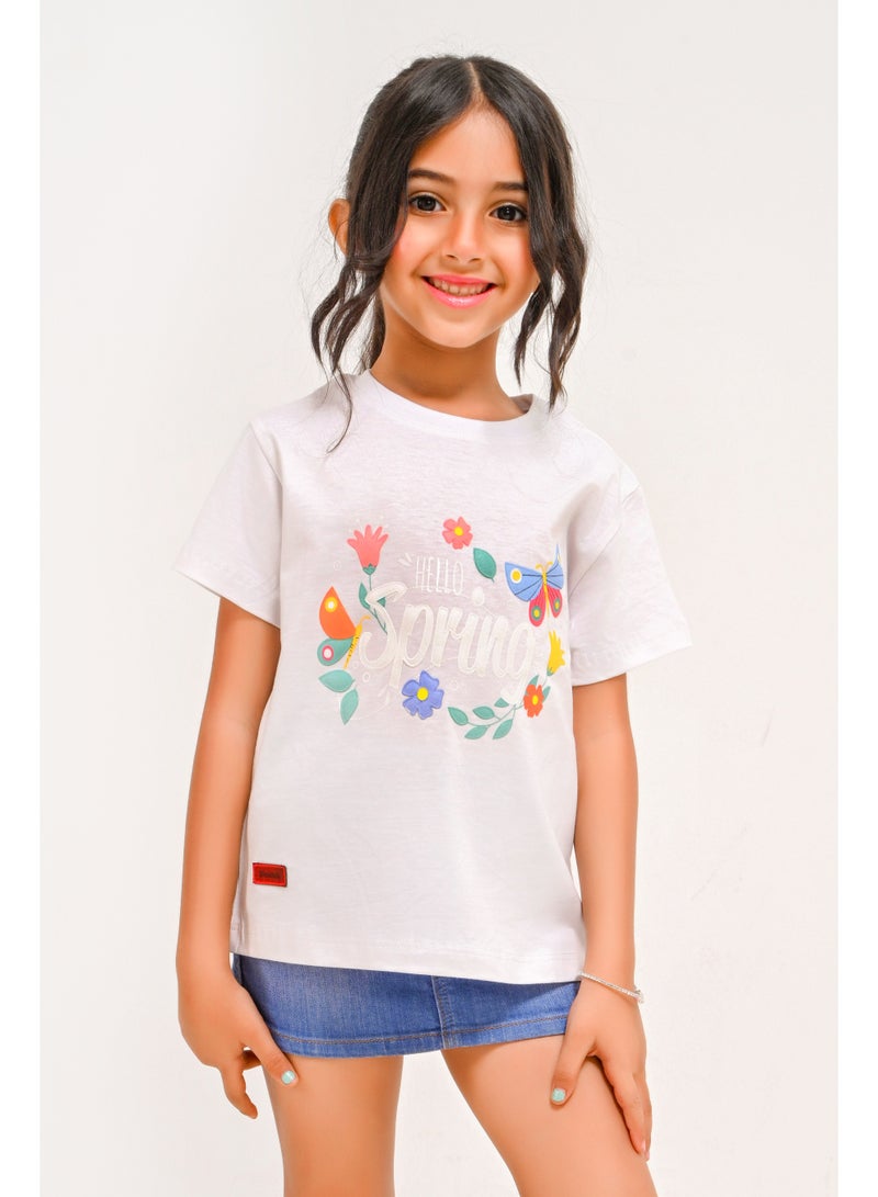 تي شيرت بناتي بطبعة Hello Spring - بأكمام قصيرة - Image 1