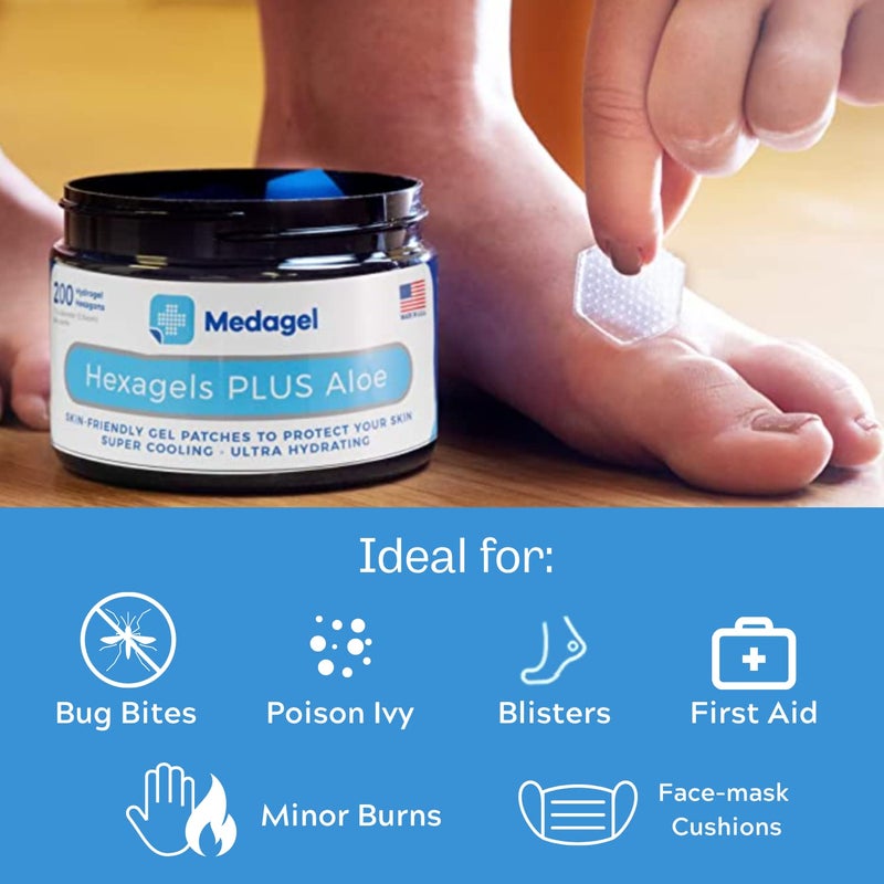 Medagel Hexagels Plus Aloe Vera - Hydrogel Pads Protection & Treatment | Blister Prevention | Instant Cooling and Soothing Relief of Skin Irritations | 200ct Hexagon Pads (Original Formula) - Image 4
