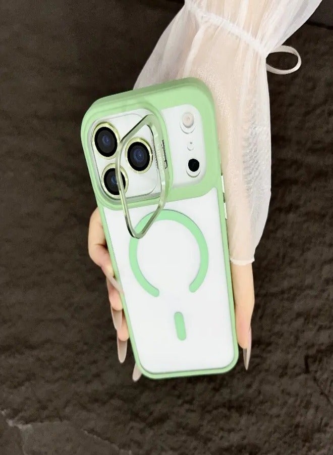 AROAQ iPhone 17 Magnetic Anti-Drop Phone Case with Metal Stand and Glass Lens Protection – Shockproof TPU Back Cover, MagSafe Compatible , Light Green