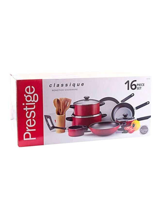 Prestige 16-Piece Classique Pro Aluminium Non Stick Interior Durable & Light Weight Cookware Set Includes 24cm Casserole With Glass Lid, 28cm Casserole With Glass Lid, 18cm Sauce Pan With Glass Lid, 14cm Milk Pan, 24cm Fry Pan, 28cm Fry Pan, 28cm Wok, Spoon, Tongs, Holder, Spatula, Turners, Spoon, Cutting Board Red - Image 2