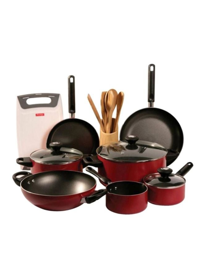 Prestige 16-Piece Classique Pro Aluminium Non Stick Interior Durable & Light Weight Cookware Set Includes 24cm Casserole With Glass Lid, 28cm Casserole With Glass Lid, 18cm Sauce Pan With Glass Lid, 14cm Milk Pan, 24cm Fry Pan, 28cm Fry Pan, 28cm Wok, Spoon, Tongs, Holder, Spatula, Turners, Spoon, Cutting Board Red - Image 1