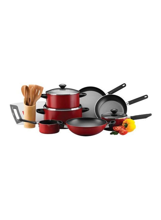 Prestige 16-Piece Classique Pro Aluminium Non Stick Interior Durable & Light Weight Cookware Set Includes 24cm Casserole With Glass Lid, 28cm Casserole With Glass Lid, 18cm Sauce Pan With Glass Lid, 14cm Milk Pan, 24cm Fry Pan, 28cm Fry Pan, 28cm Wok, Spoon, Tongs, Holder, Spatula, Turners, Spoon, Cutting Board Red - Image 3