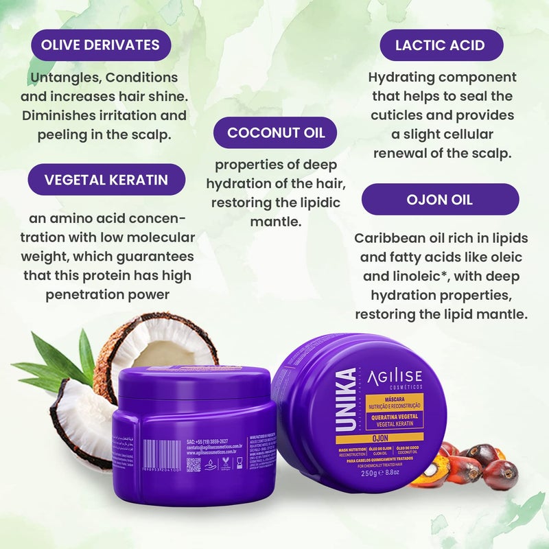 Agilise ماسك شعر أوجون هوم كير من أجيليز - للعناية بالشعر المعالج كيميائياً، منتجات مضادة للتجاعيد للنساء، ماسك خالي من الكبريتات - كيراتين نباتي، زيت جوز الهند، زيت أوجون، نباتي - 8.8 أونصة/250 جرام - Image 4