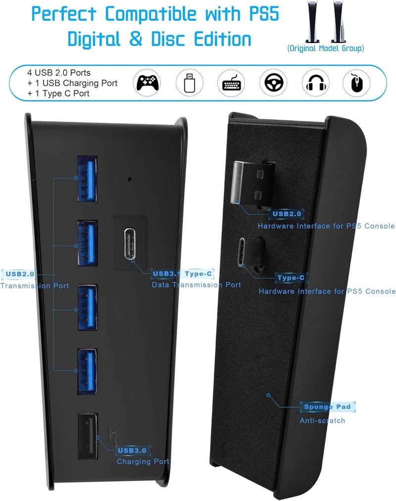 جوسو محول USB لجهاز PS5 من ، محول USB من النوع C 3.1 عالي السرعة مع 4 منافذ USB + منفذ شحن USB واحد + محول منفذ USB C – أسود - Image 5