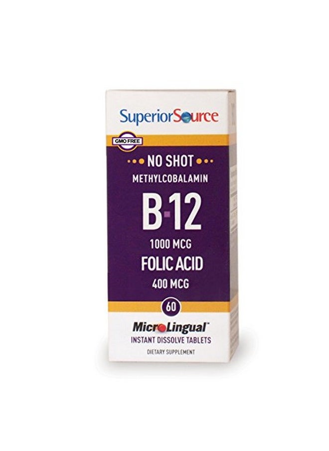 Superior Source - No Shot Vitamin B12 Methylcobalamin (1000 Mcg) Folic Acid Quick Dissolve Sublingual Tablets 60 Count Active Form Of B12 Increase Energy Healthy Heart Boost Metabolism Nongmo - Image 1