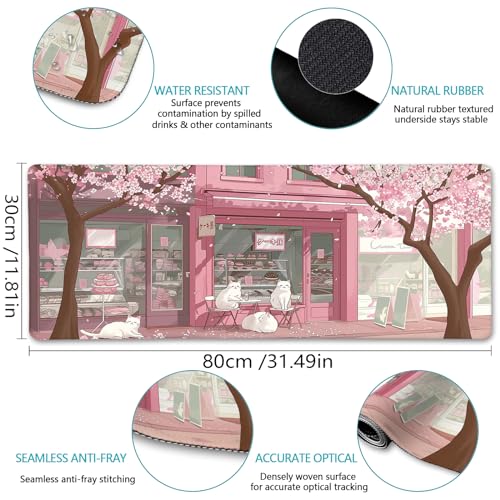 LIMKRIAN Cat Mouse Pad Large Desk Mat, Pink Cherry Blossom Computer Mousepad with Stitched Edges Non-Slip, Keyboard Mouse Pad for Desktop Cute Office Desk Accessories Japanese Dessert House 31.5in - Image 3