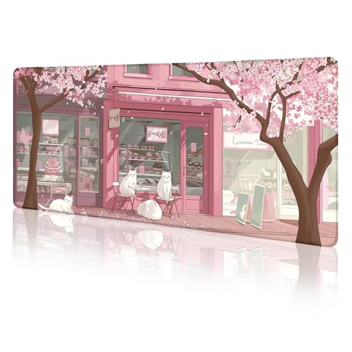 LIMKRIAN Cat Mouse Pad Large Desk Mat, Pink Cherry Blossom Computer Mousepad with Stitched Edges Non-Slip, Keyboard Mouse Pad for Desktop Cute Office Desk Accessories Japanese Dessert House 31.5in - Image 1