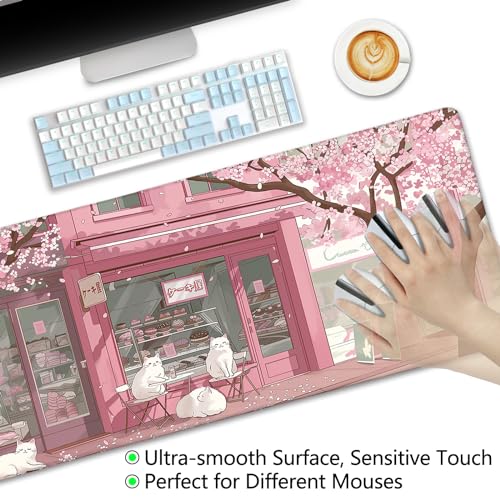 LIMKRIAN Cat Mouse Pad Large Desk Mat, Pink Cherry Blossom Computer Mousepad with Stitched Edges Non-Slip, Keyboard Mouse Pad for Desktop Cute Office Desk Accessories Japanese Dessert House 31.5in - Image 5