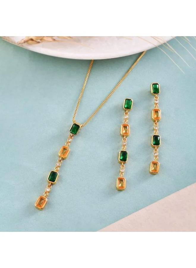 VOYLLA Mothers Day Green and Yellow Emerald CZ Pendant Set with Dangler Earrings