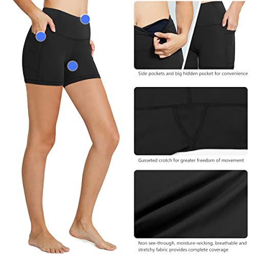 baleaf Biker Shorts Women Tummy Control Yoga Gym Workout Spandex Running Volleyball Compression with Pockets 5" Black L - Image 5