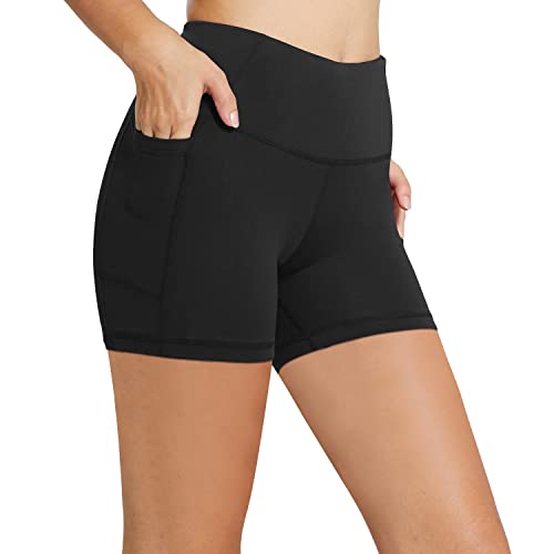 baleaf Biker Shorts Women Tummy Control Yoga Gym Workout Spandex Running Volleyball Compression with Pockets 5" Black L - Image 1