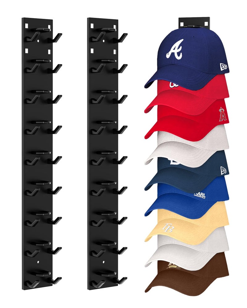 Meeenmiil Hat Organizer for Baseball Caps 2Pack Strong Adhesive Hat Rack for Wall Multilayer Hat Hooks Storage for 18 Hats Hat Holder Hanger for Door Bedroom Closet Black - Image 2