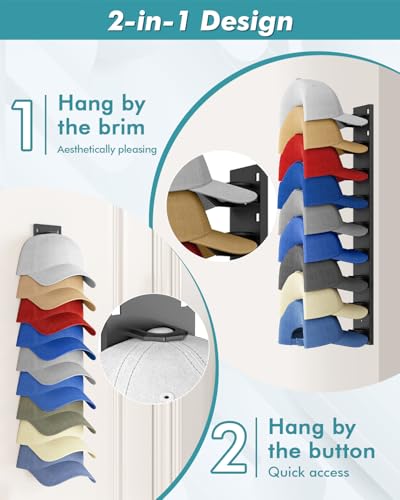 Meeenmiil Hat Organizer for Baseball Caps 2Pack Strong Adhesive Hat Rack for Wall Multilayer Hat Hooks Storage for 18 Hats Hat Holder Hanger for Door Bedroom Closet Black - Image 3