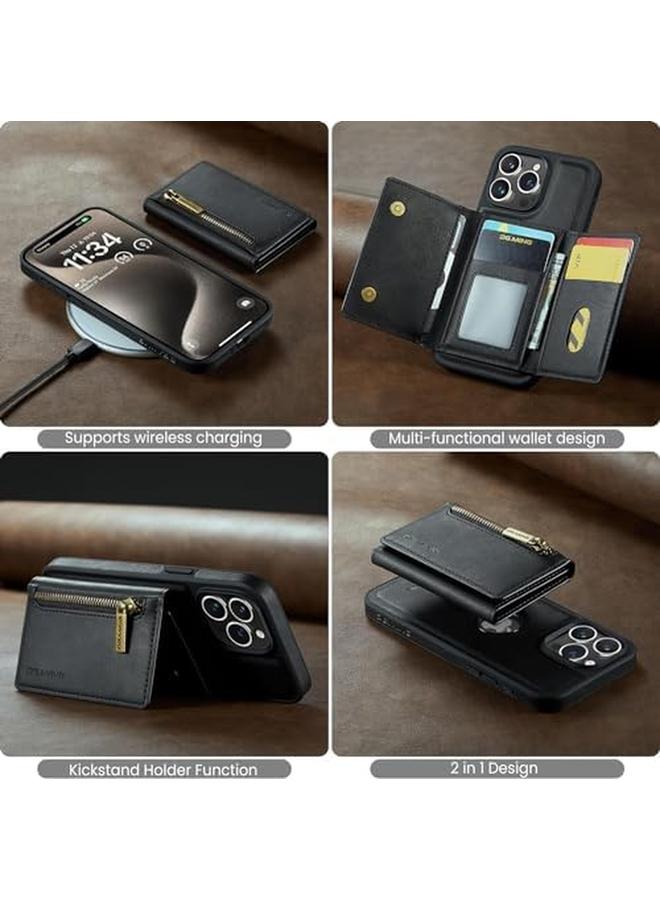 erorex Leather Wallet Phone Cases For Iphone 15 Pro 6.1'' 2 In 1 Leather Phone Case Back Cover Magnetic Detachable With Trifold Wallet Card Holder Pocket Detachable Back Cover Black  - Image 2